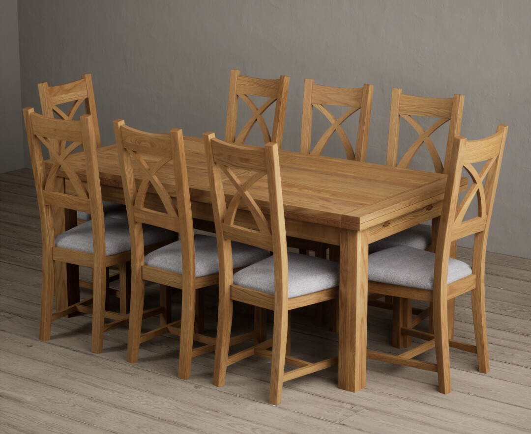 Extending Buxton 180cm Solid Oak Dining Table with 8 Brown Natural Solid Oak Chairs