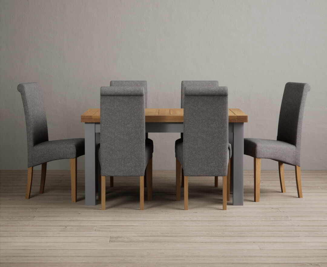 Extending Buxton 140cm Oak and Light Grey Painted Dining Table with 8 Charcoal Grey Scroll Back Chairs Extending Buxton 140cm Oak and Light Grey Painted Dining Table with 8 Charcoal Grey Scroll Back Chairs