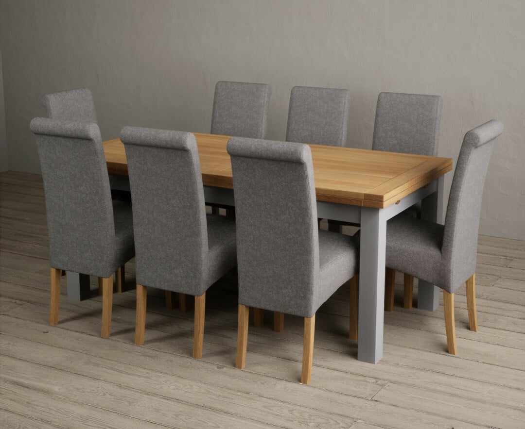 Extending Buxton 180cm Oak and Light Grey Painted Dining Table with 6 Charcoal Grey Scroll Back Chairs Extending Buxton 180cm Oak and Light Grey Painted Dining Table with 6 Charcoal Grey Scroll Back Chairs