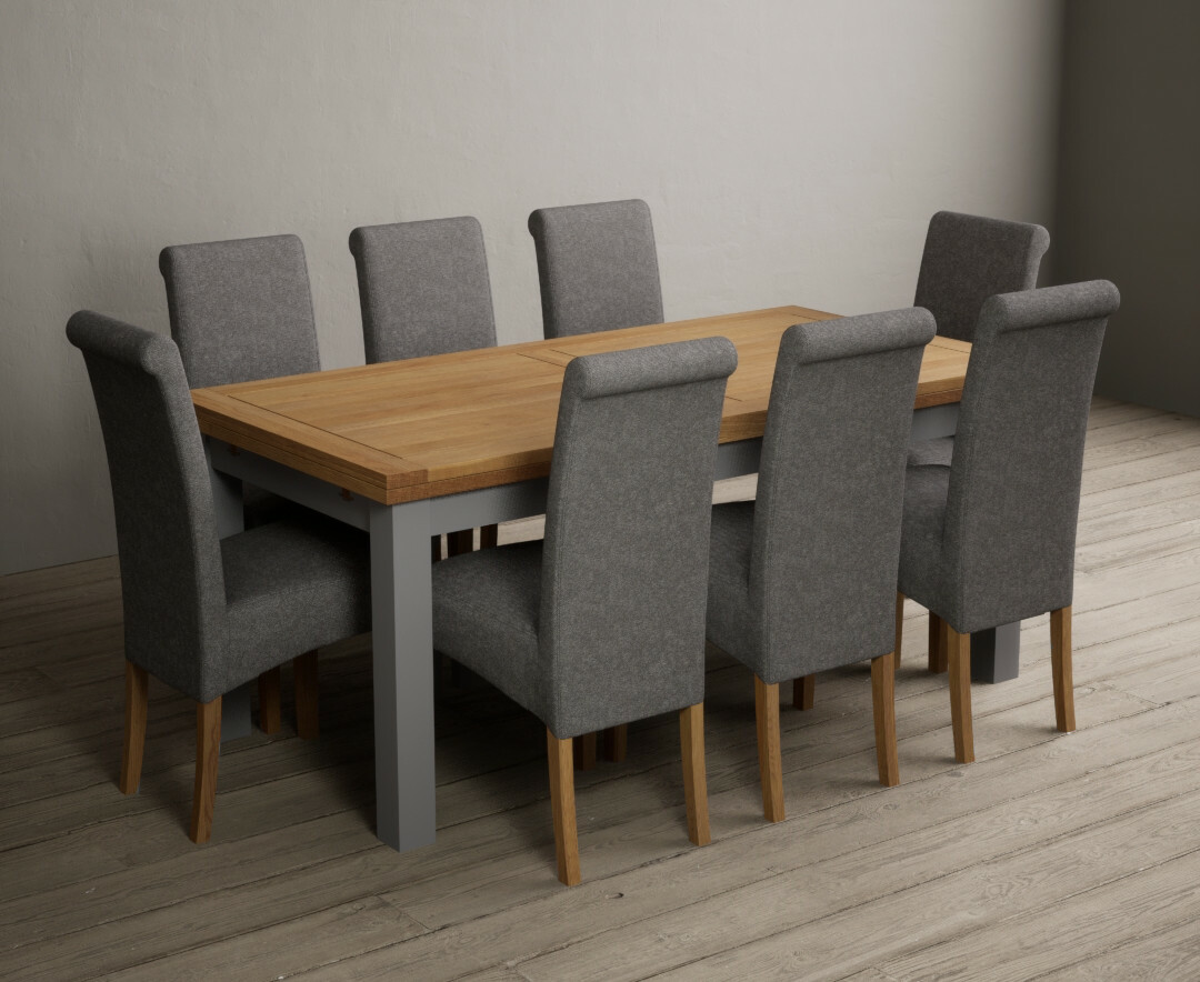 Extending Buxton 180cm Oak And Light Grey Painted Dining Table With 6 Grey Scroll Back Chairs