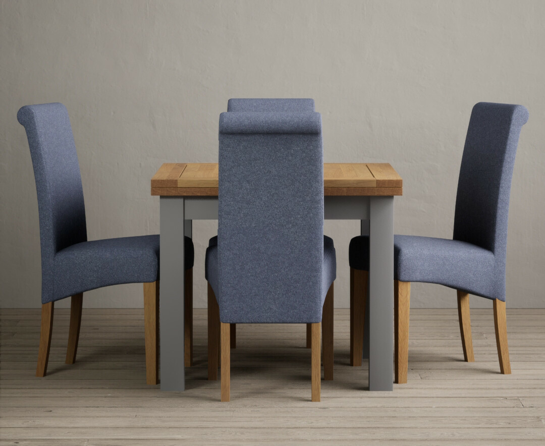 Extending Buxton 90cm Oak and Light Grey Painted Dining Table with 6 Blue Scroll Back Chairs Extending Buxton 90cm Oak and Light Grey Painted Dining Table with 6 Blue Scroll Back Chairs