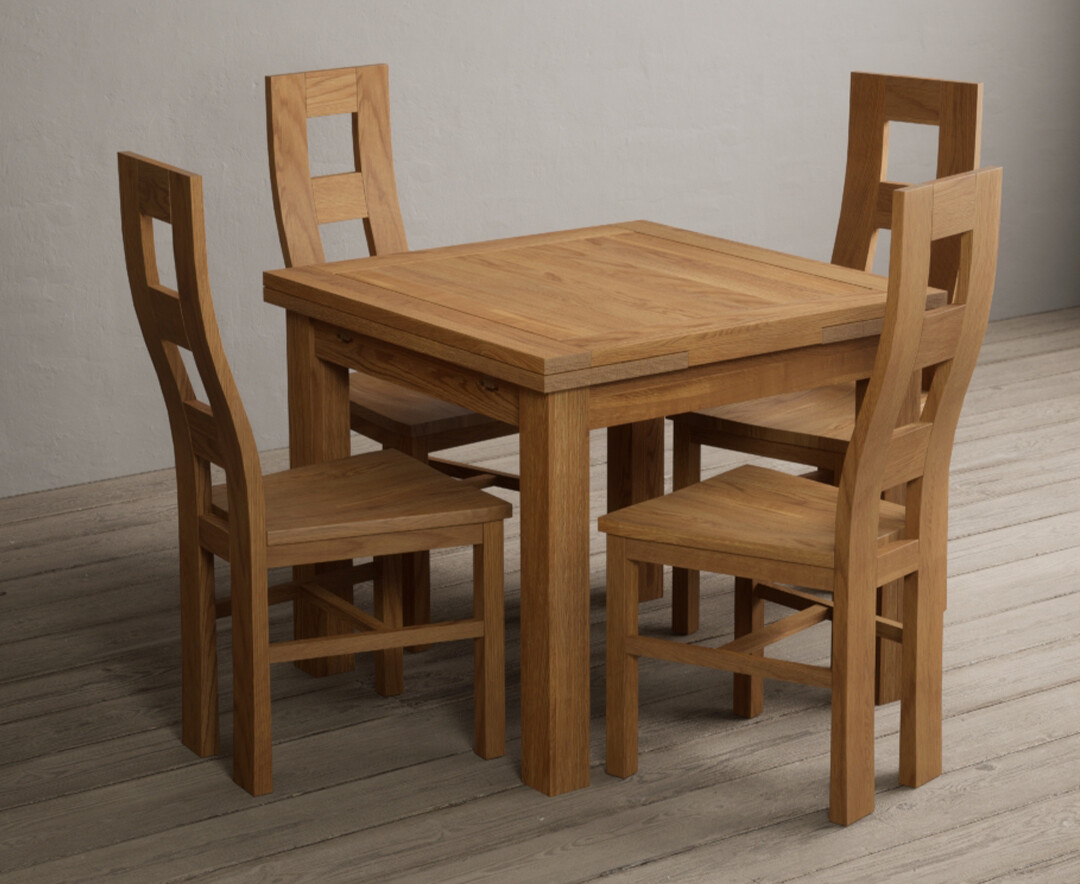 Extending Buxton 90cm Solid Oak Dining Table with 4 Charcoal Grey Natural Chairs