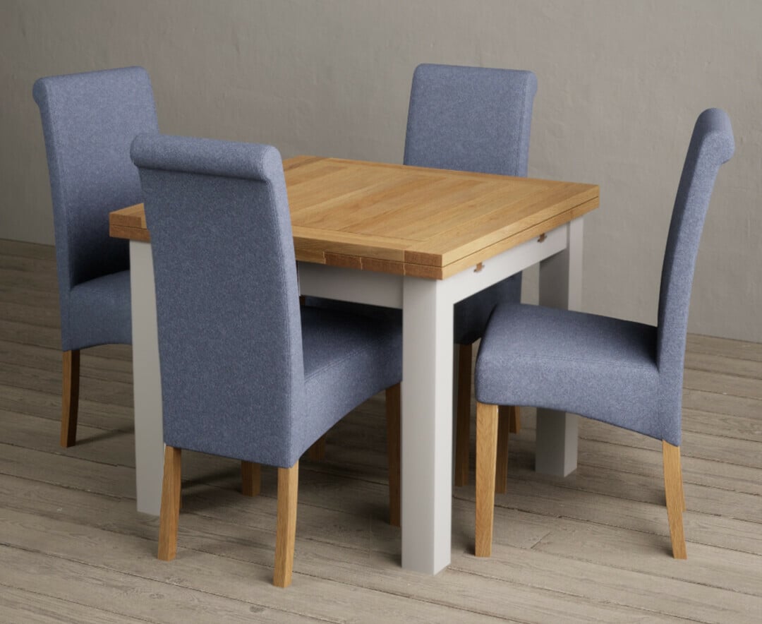 Extending Buxton 90cm Oak and Soft White Painted Dining Table with 6 Blue Scroll Back Chairs Extending Buxton 90cm Oak and Soft White Painted Dining Table with 6 Blue Scroll Back Chairs