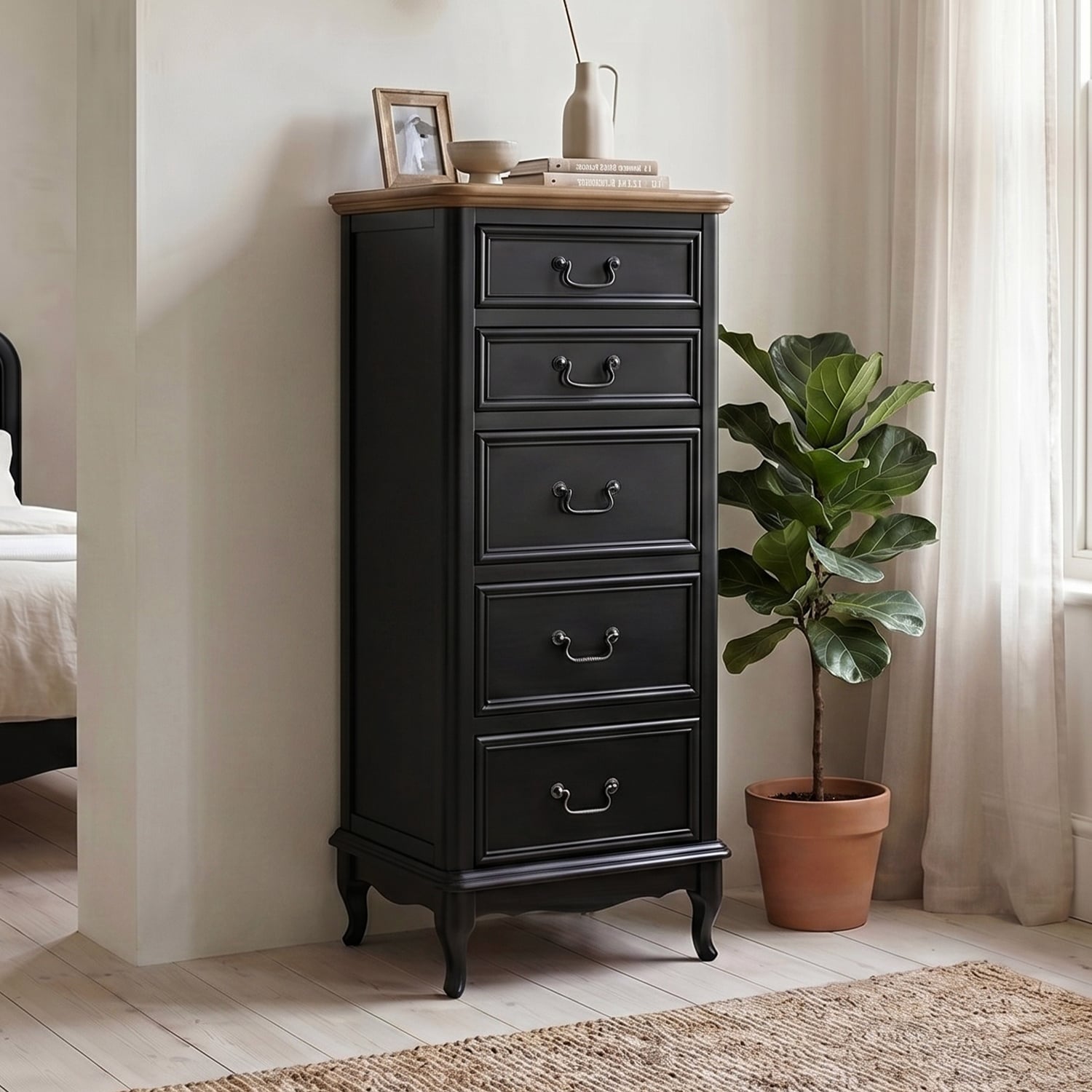 Chateau Noir Oak and Black Painted 5 Drawer Tallboy