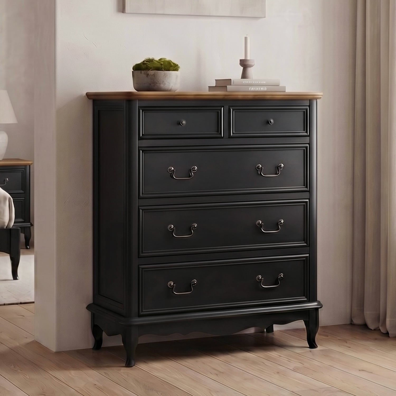 Chateau Noir Oak and Black Painted 2 Over 3 Chest of Drawers