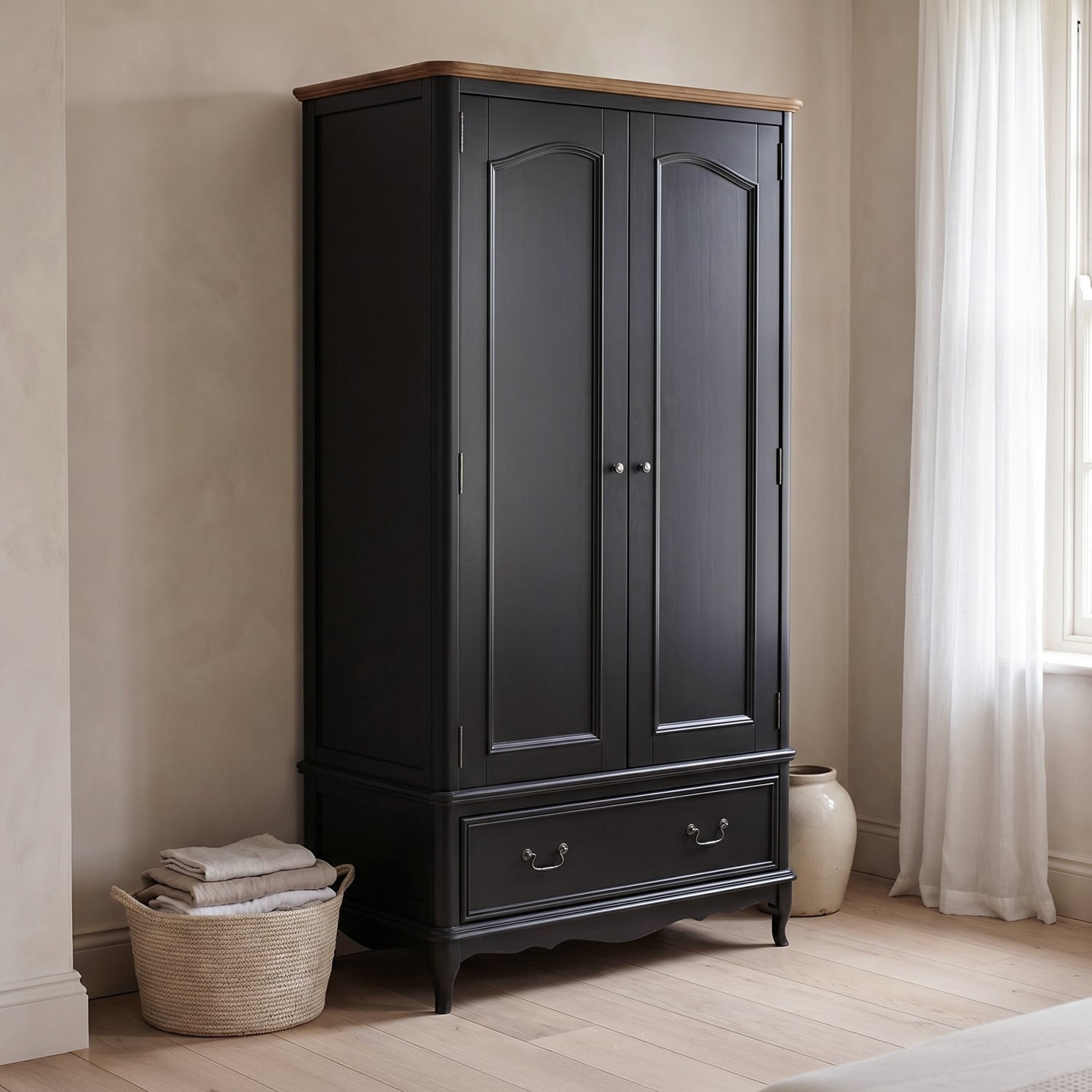 Chateau Noir Oak and Black Painted Double Wardrobe