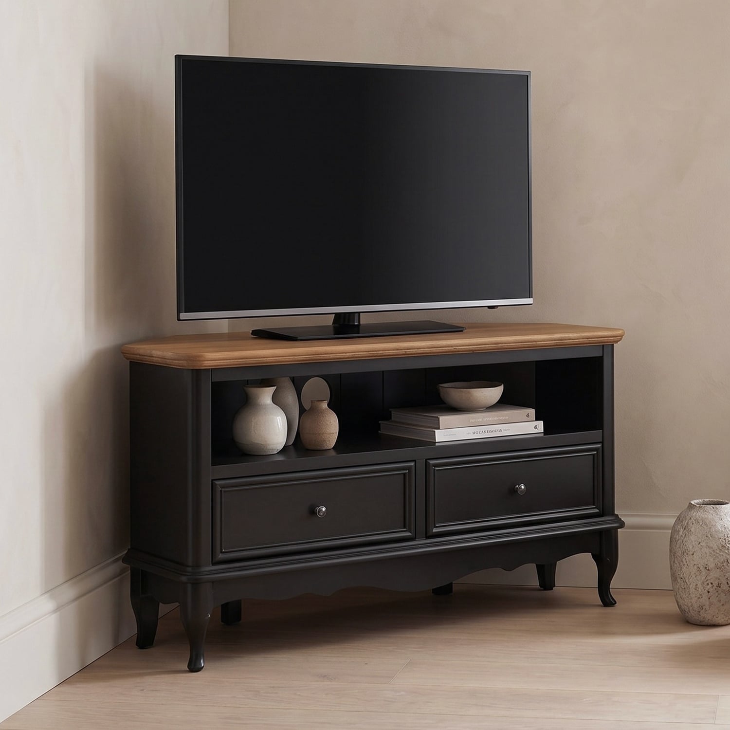 Chateau Noir Oak and Black Painted Corner TV Cabinet