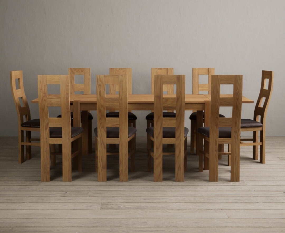 Thetford 150cm Oak Dining Table with Thetford 45cm Oak Extensions with 10 Blue Natural Chairs