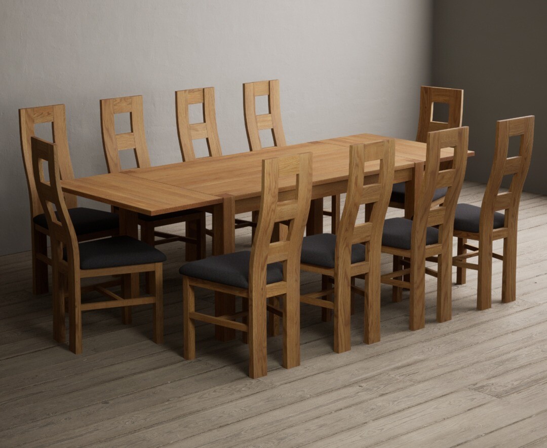 Thetford 150cm Oak Dining Table with Thetford 45cm Oak Extensions with 10 Blue Natural Chairs