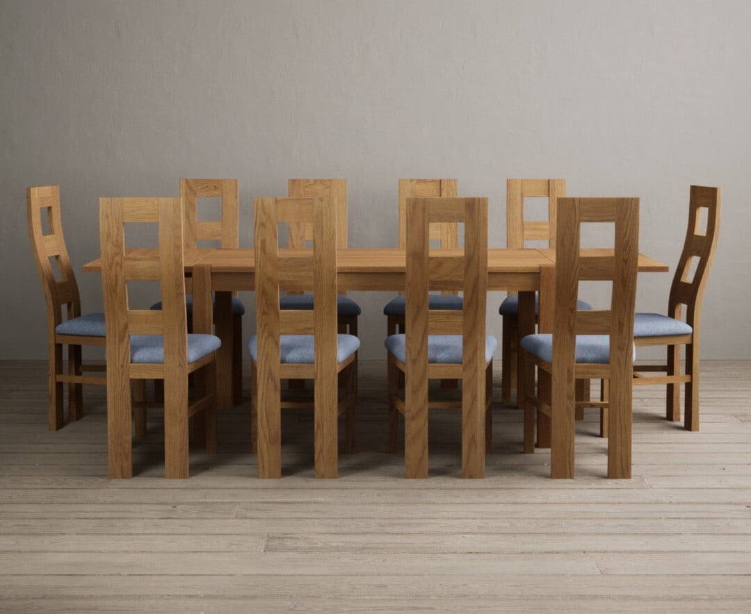 Thetford 150cm Oak Dining Table with Thetford 45cm Oak Extensions with 10 Blue Natural Chairs