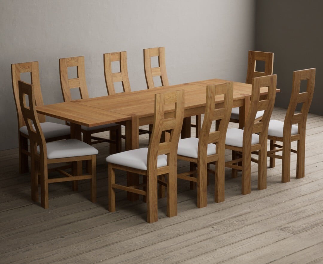 Thetford 150cm Oak Dining Table with Thetford 45cm Oak Extensions with 10 Blue Natural Chairs