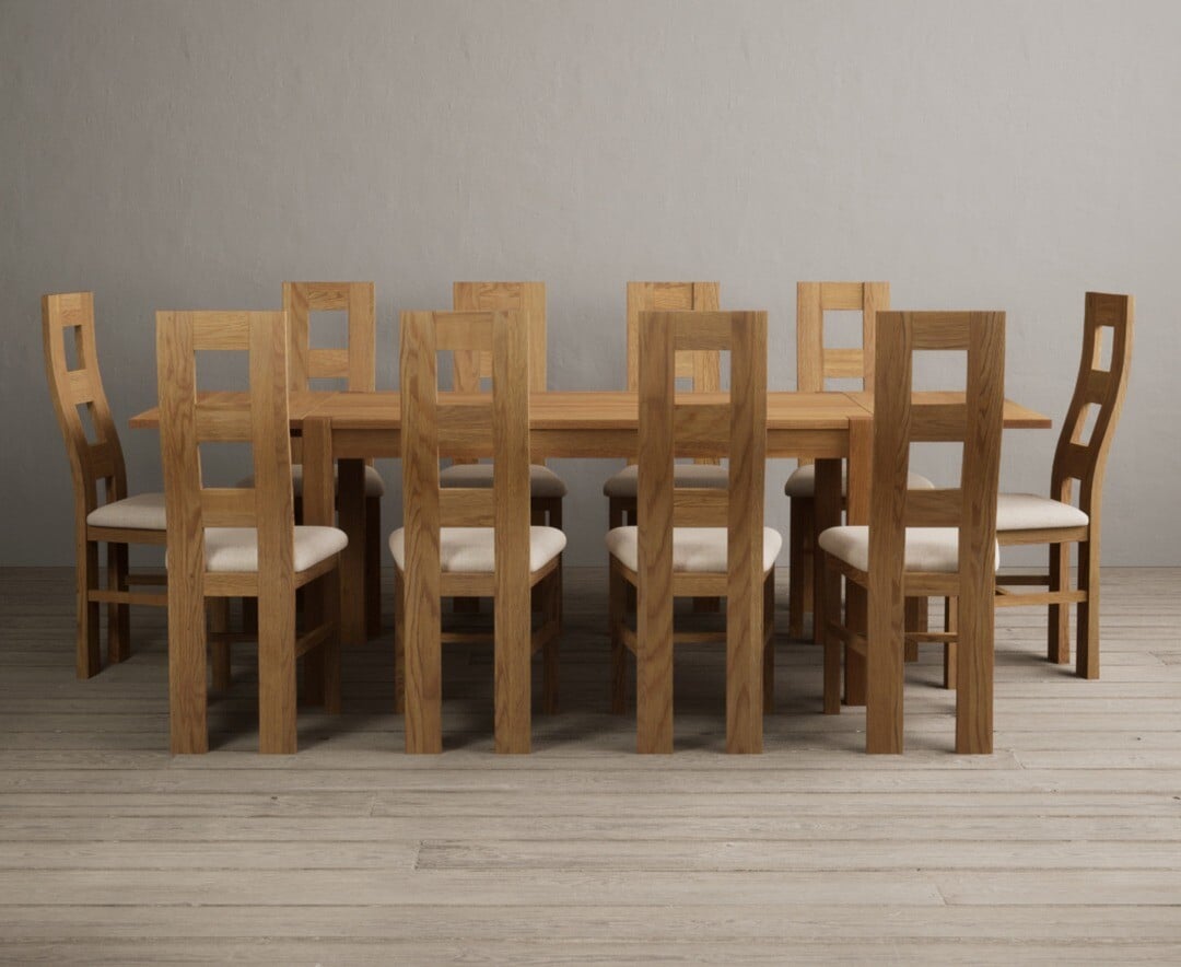 Thetford 150cm Oak Dining Table with Thetford 45cm Oak Extensions with 10 Blue Natural Chairs