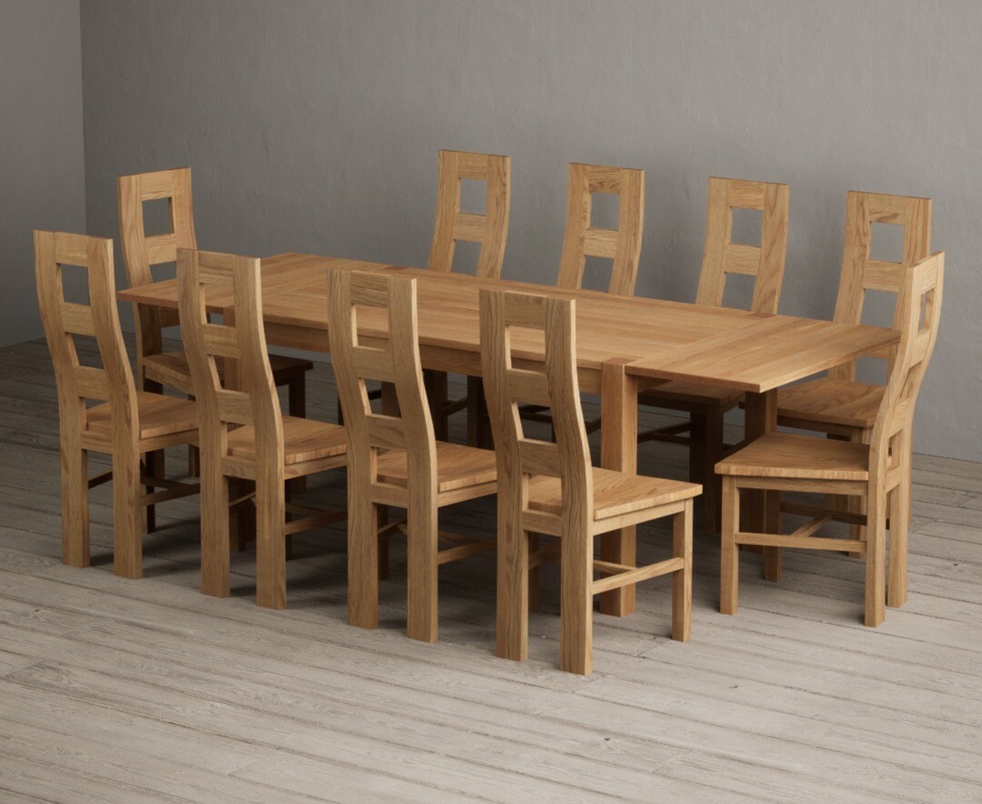 Thetford 150cm Oak Dining Table with Thetford 45cm Oak Extensions with 10 Oak Natural Chairs