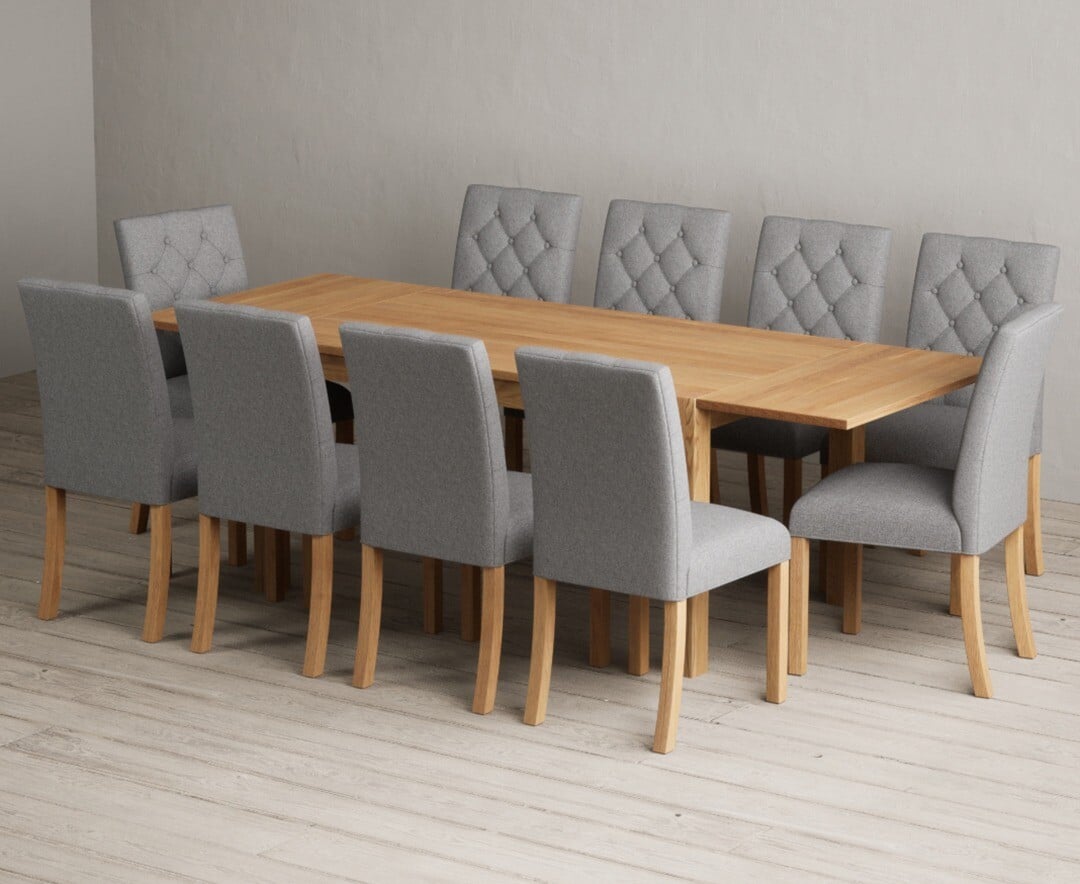 Thetford 150cm Oak Dining Table with Thetford 45cm Oak Extensions with 6 Grey Isabella Chairs