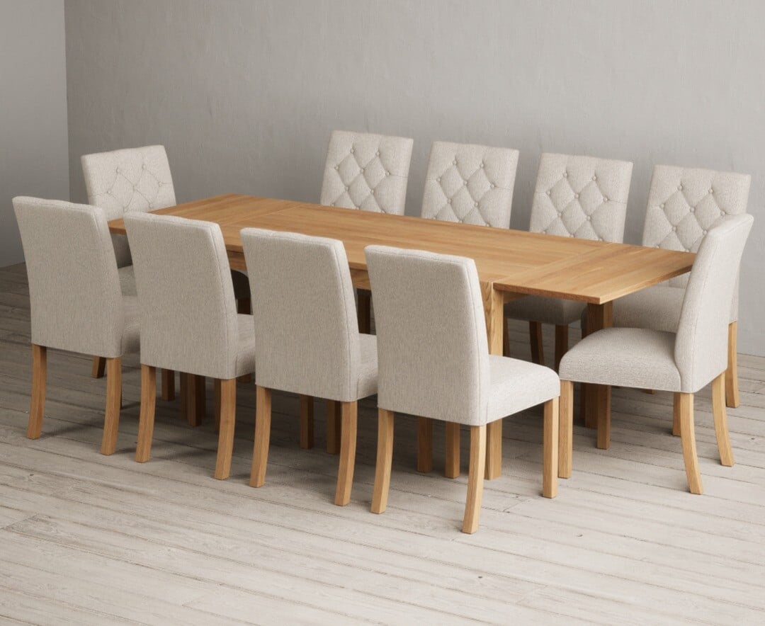 Thetford 150cm Oak Dining Table with Thetford 45cm Oak Extensions with 6 Grey Isabella Chairs