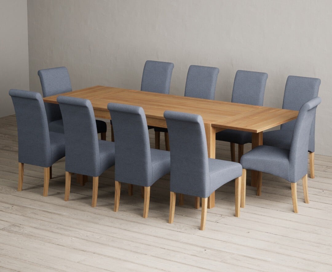Thetford 150cm Oak Dining Table with Thetford 45cm Oak Extensions with 10 Natural Scroll Back Chairs