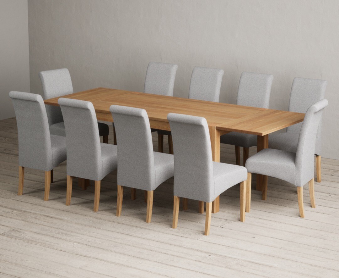 Thetford 150cm Oak Dining Table with Thetford 45cm Oak Extensions with 10 Natural Scroll Back Chairs