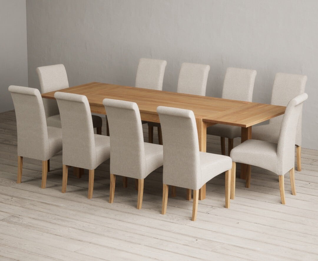Thetford 150cm Oak Dining Table with Thetford 45cm Oak Extensions with 10 Natural Scroll Back Chairs