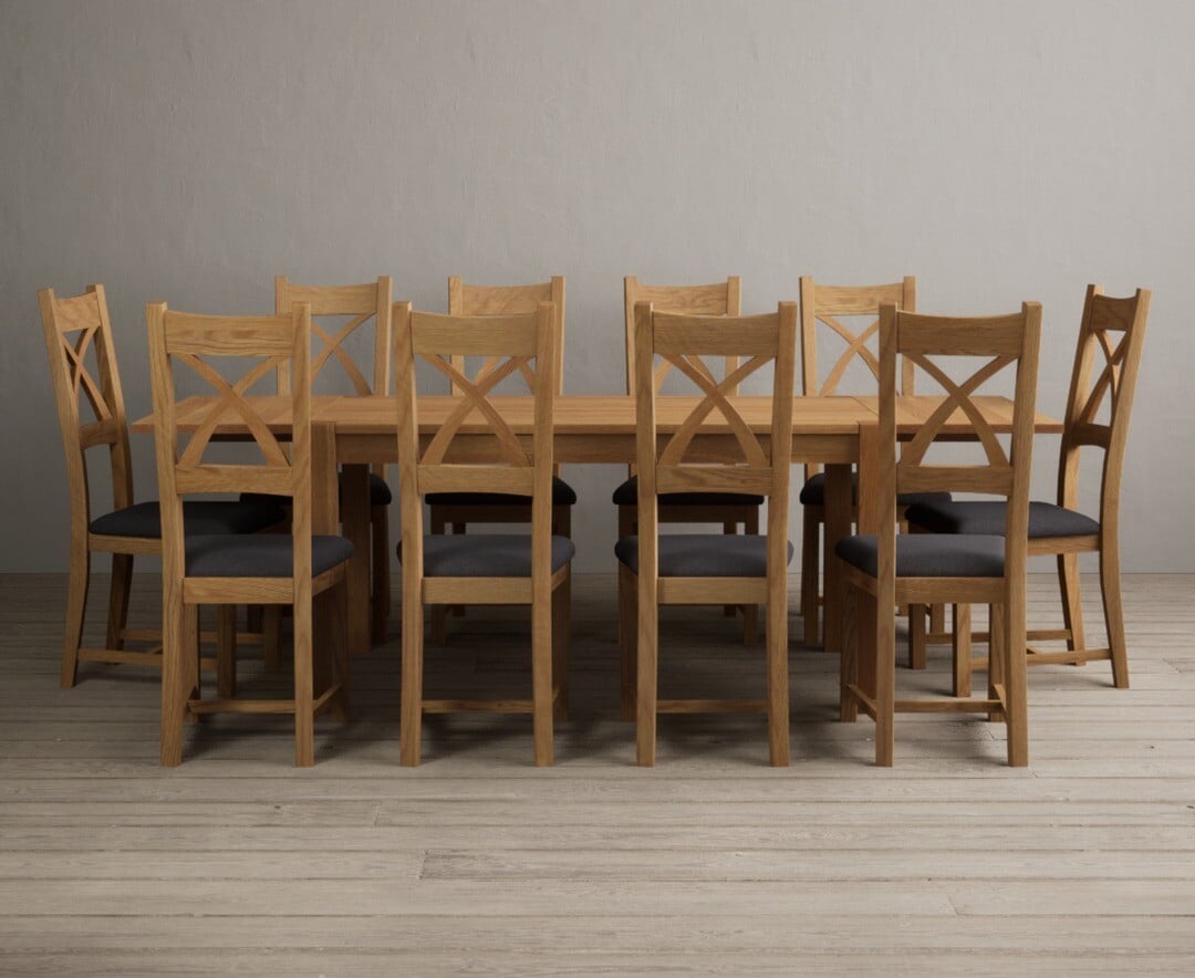 Thetford 150cm Oak Dining Table with Thetford 45cm Oak Extensions with 10 Blue Natural Chairs