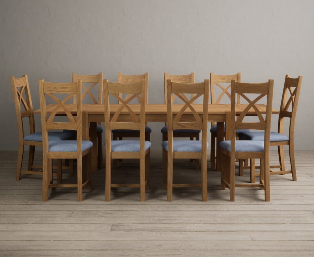 Thetford 150cm Oak Dining Table with Thetford 45cm Oak Extensions with 10 Blue Natural Chairs