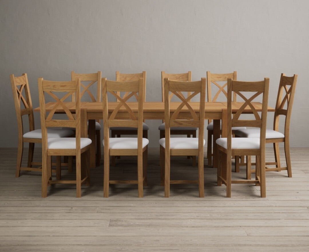 Thetford 150cm Oak Dining Table with Thetford 45cm Oak Extensions with 10 Blue Natural Chairs