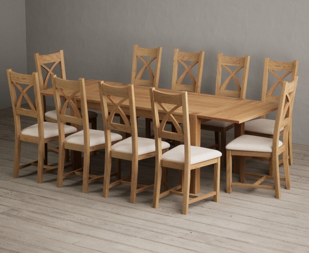 Thetford 150cm Oak Dining Table with Thetford 45cm Oak Extensions with 10 Blue Natural Chairs