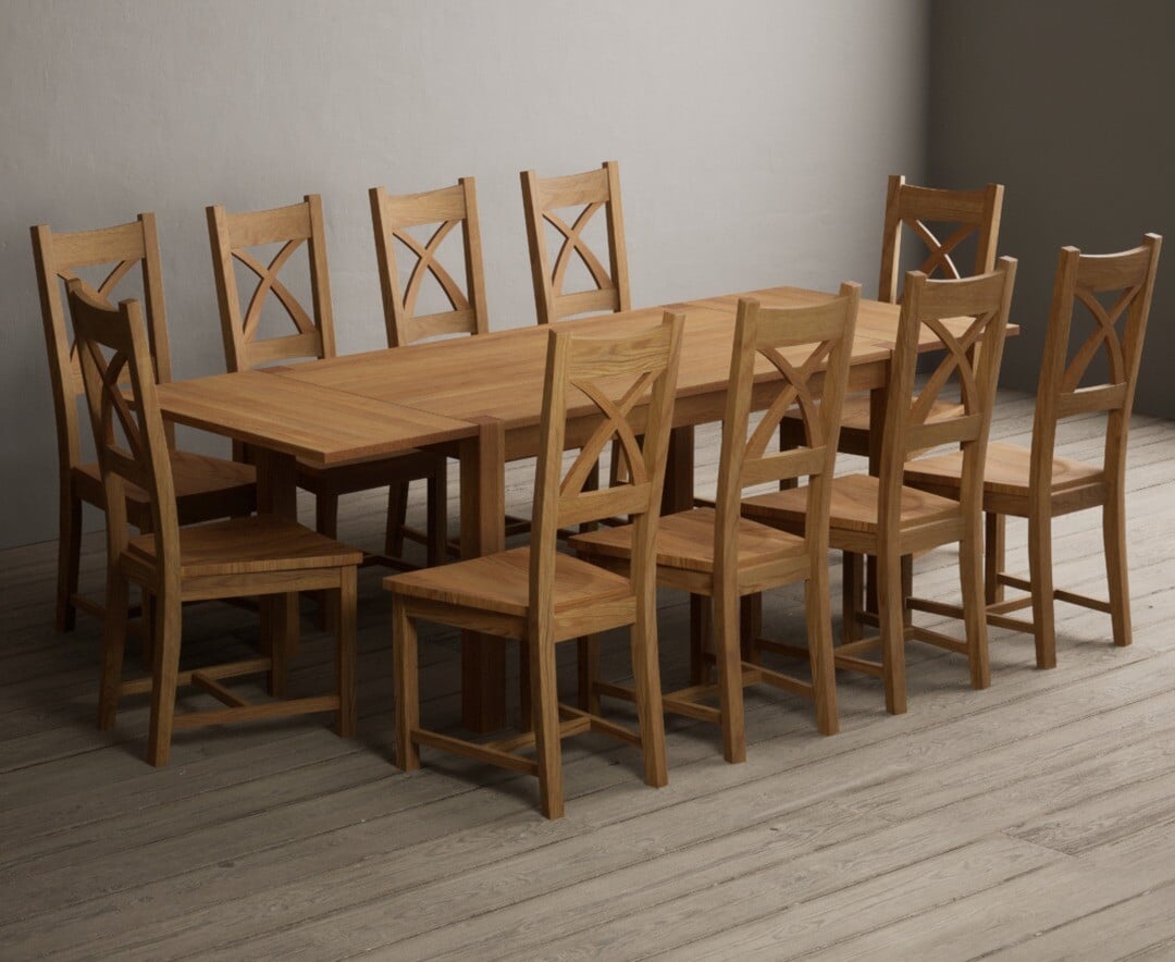 Thetford 150cm Oak Dining Table with Thetford 45cm Oak Extensions with 10 Blue Natural Chairs