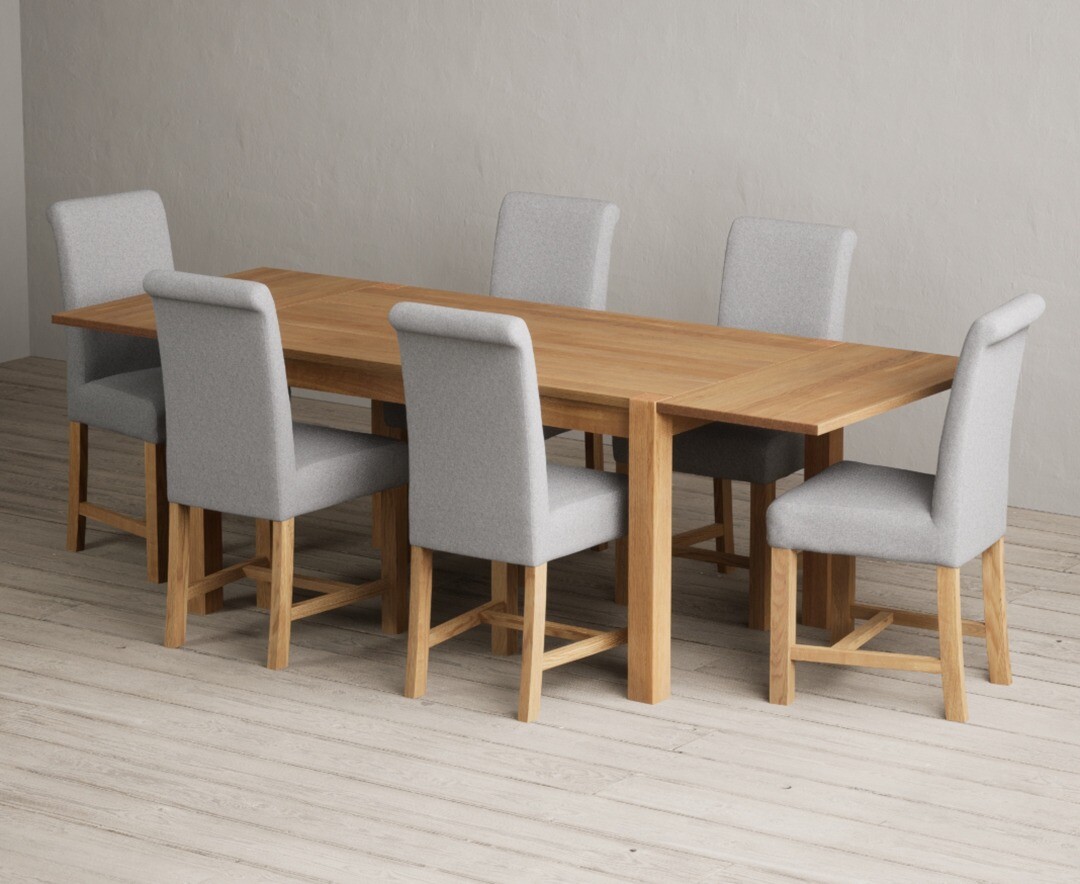Thetford 150cm Oak Dining Table With Thetford 45cm Oak Extensions With 6 Grey Braced Chairs