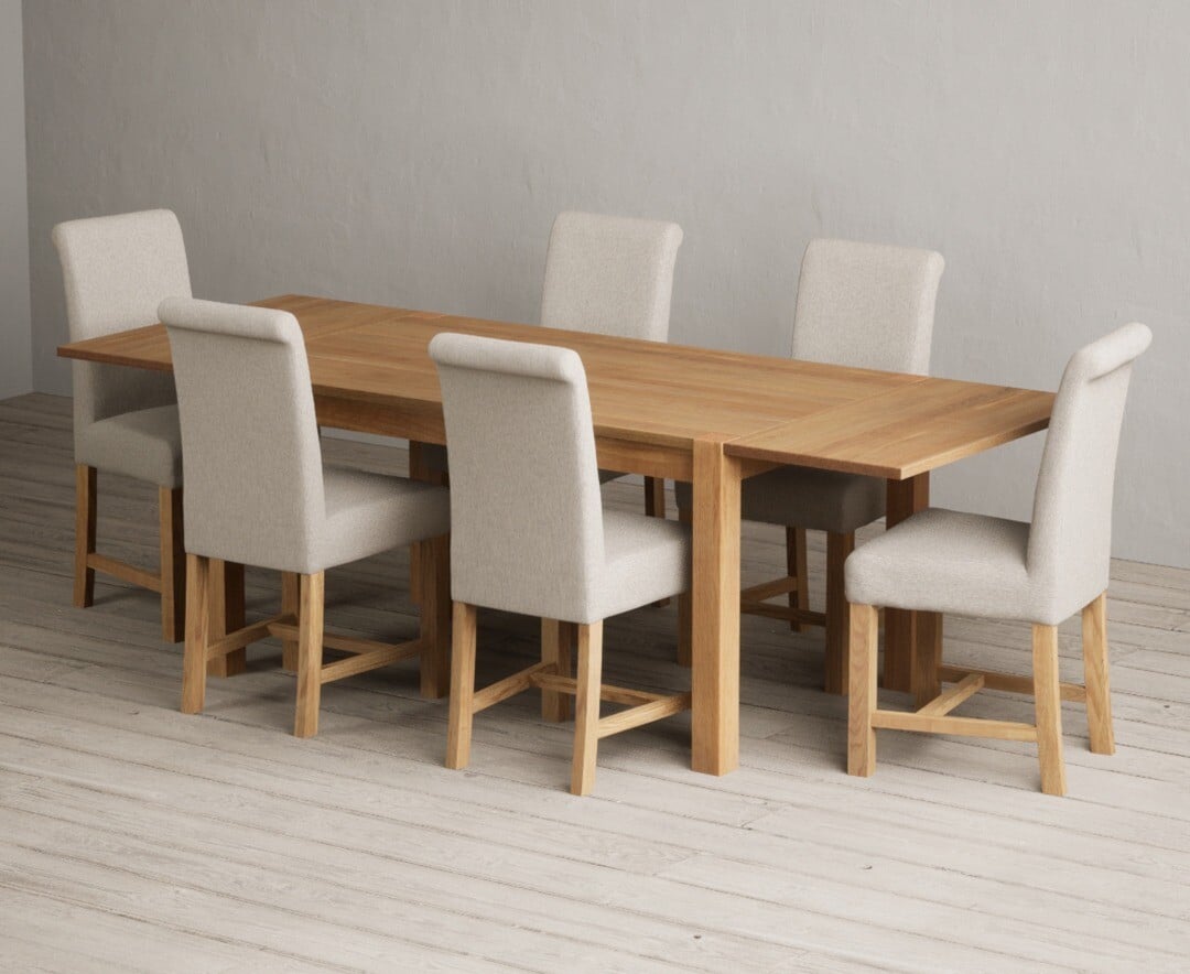 Thetford 150cm Oak Dining Table with Thetford 45cm Oak Extensions with 6 Natural Braced Chairs