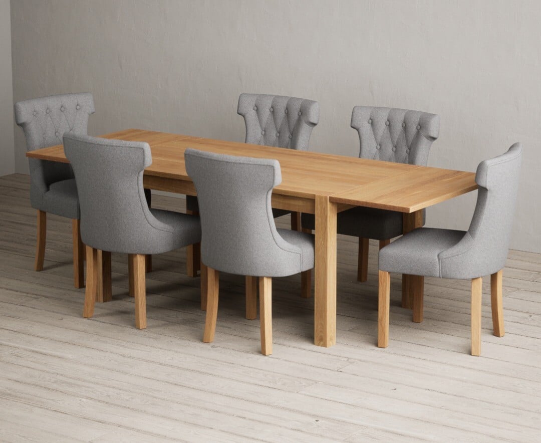Thetford 150cm Oak Dining Table with Thetford 45cm Oak Extensions with 6 Natural Clara Chairs