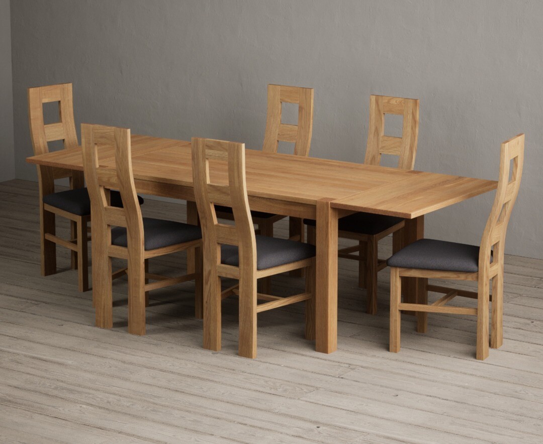Thetford 150cm Oak Dining Table With Thetford 45cm Oak Extensions With 6 Blue Natural Chairs