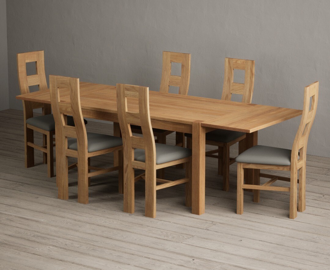 Thetford 150cm Oak Dining Table with Thetford 45cm Oak Extensions with 8 Grey Natural Solid Oak Chairs