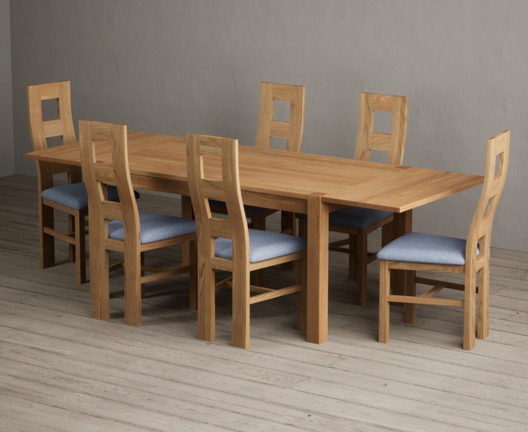 Thetford 150cm Oak Dining Table with Thetford 45cm Oak Extensions with 10 Blue Natural Chairs