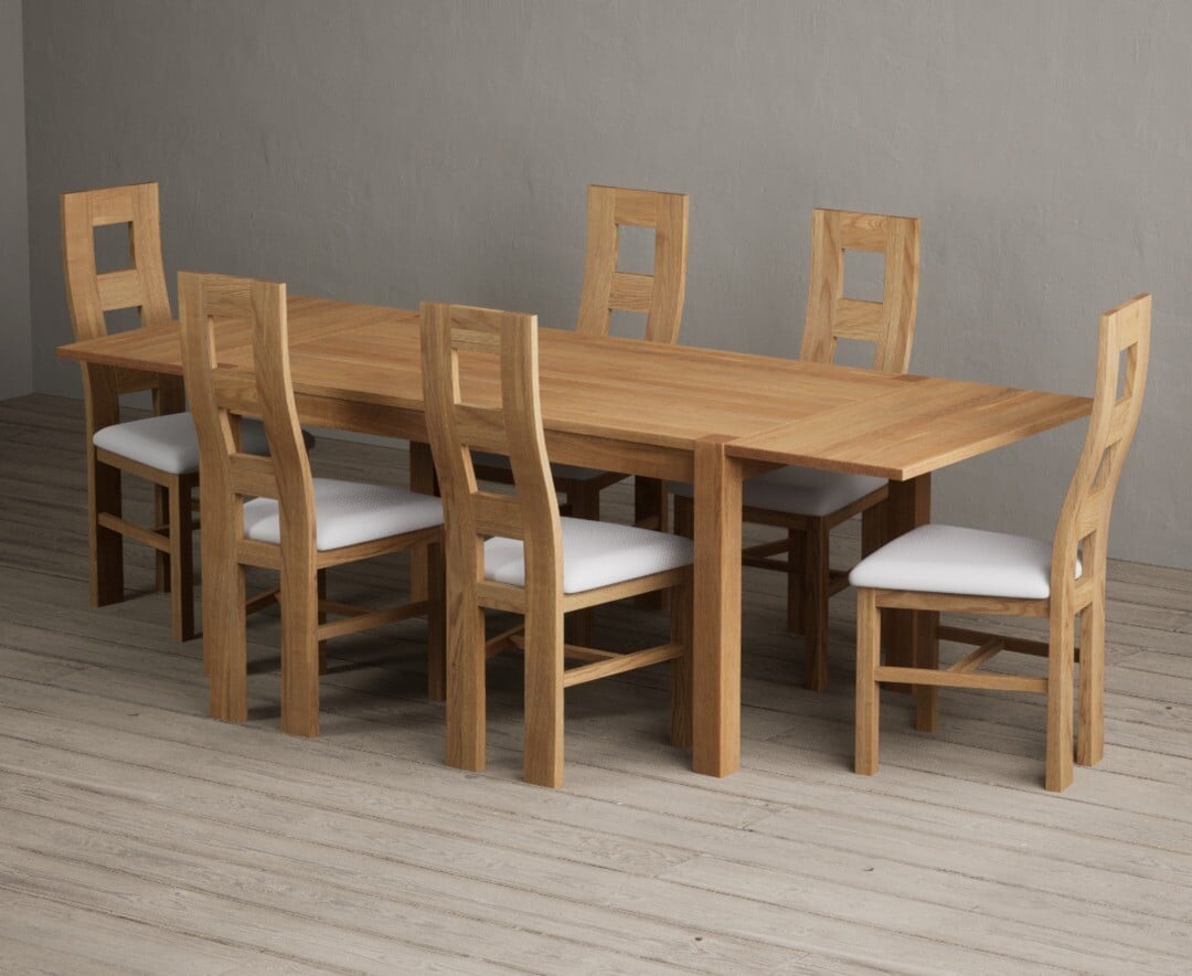 Thetford 150cm Oak Dining Table with Thetford 45cm Oak Extensions with 10 Blue Natural Chairs