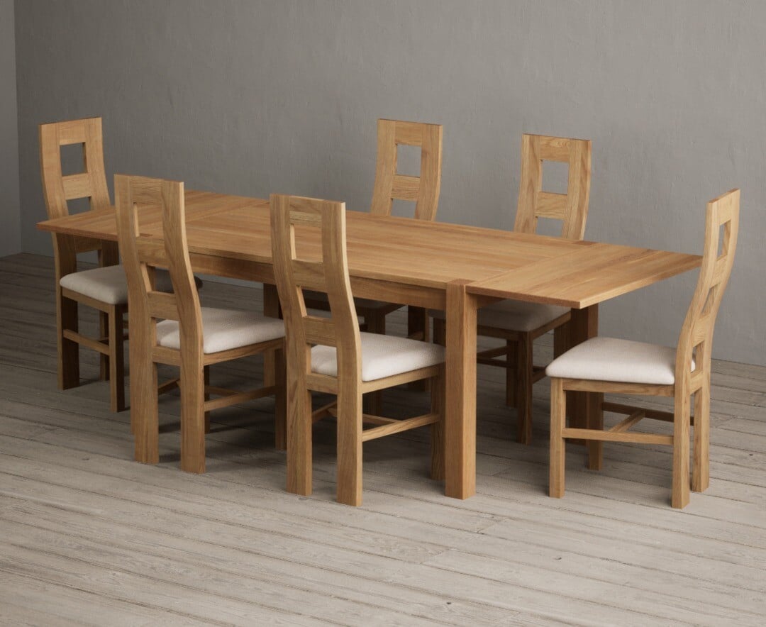 Thetford 150cm Oak Dining Table with Thetford 45cm Oak Extensions with 10 Blue Natural Chairs