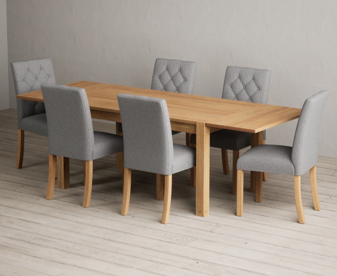 Thetford 150cm Oak Dining Table with Thetford 45cm Oak Extensions with 6 Grey Isabella Chairs