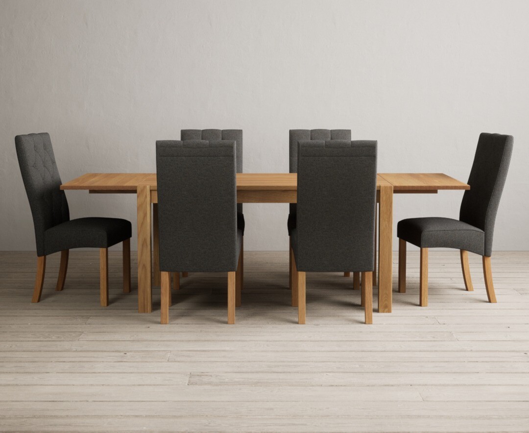 Thetford 150cm Oak Dining Table With Thetford 45cm Oak Extensions With 6 Grey Maya Chairs