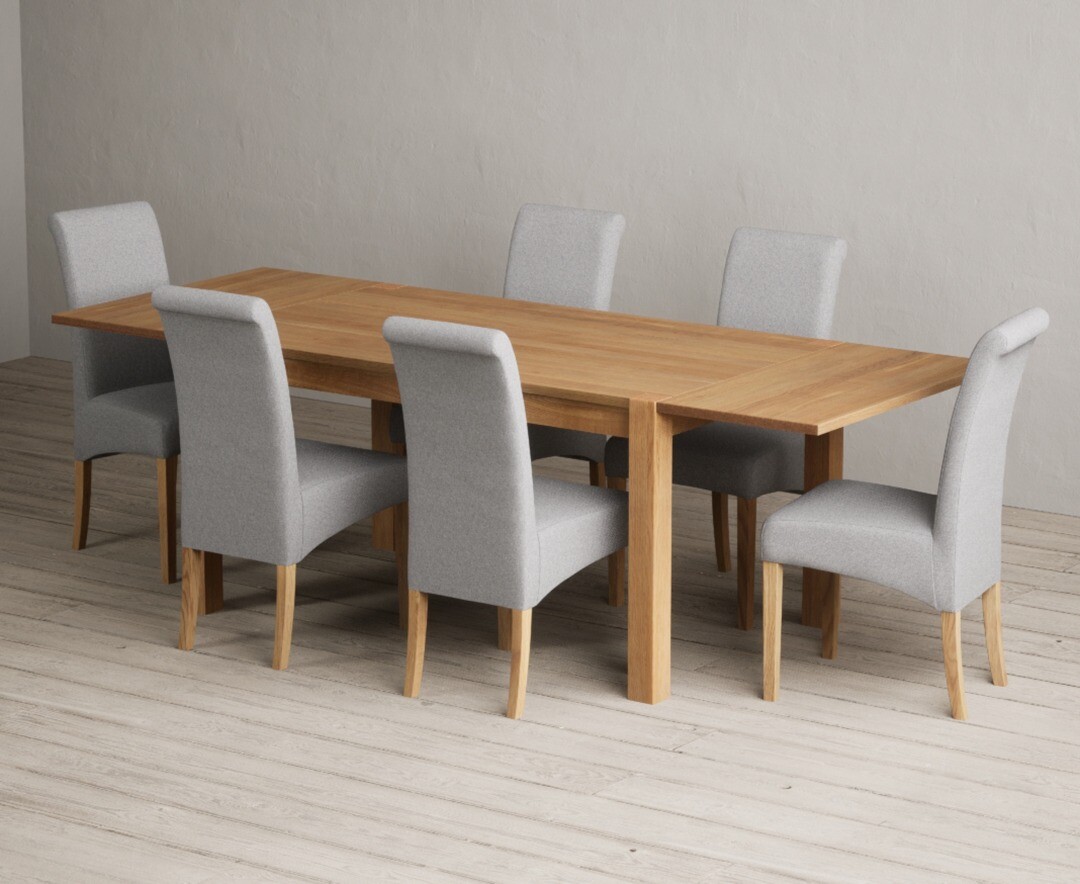 Thetford 150cm Oak Dining Table With Thetford 45cm Oak Extensions With 8 Grey Scroll Back Chairs