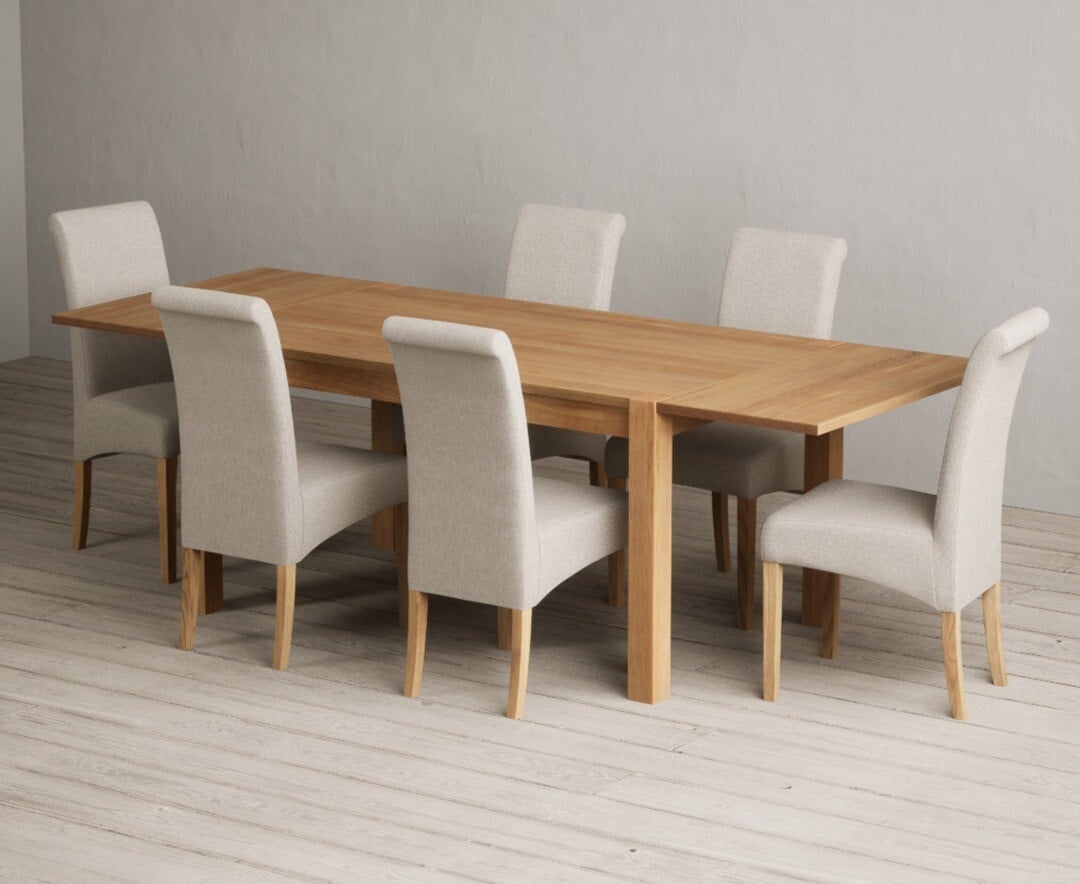 Thetford 150cm Oak Dining Table with Thetford 45cm Oak Extensions with 10 Natural Scroll Back Chairs