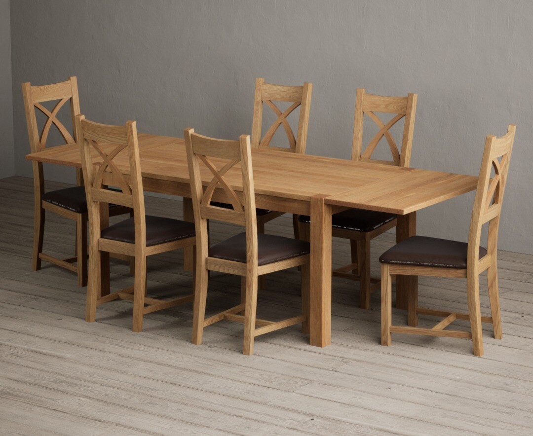 Thetford 150cm Oak Dining Table With Thetford 45cm Oak Extensions With 8 Light Grey Natural Solid Oak Chairs