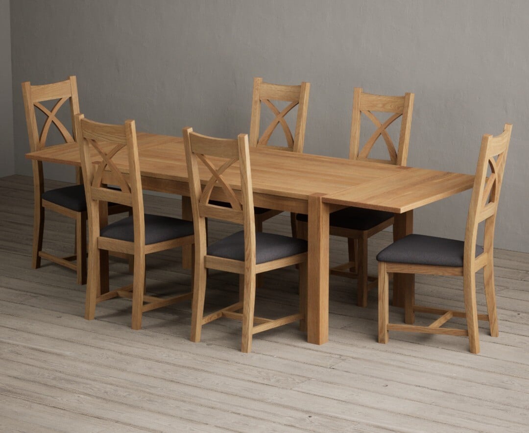 Thetford 150cm Oak Dining Table with Thetford 45cm Oak Extensions with 10 Blue Natural Chairs