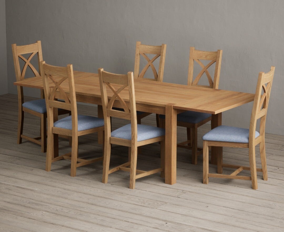 Thetford 150cm Oak Dining Table with Thetford 45cm Oak Extensions with 10 Blue Natural Chairs