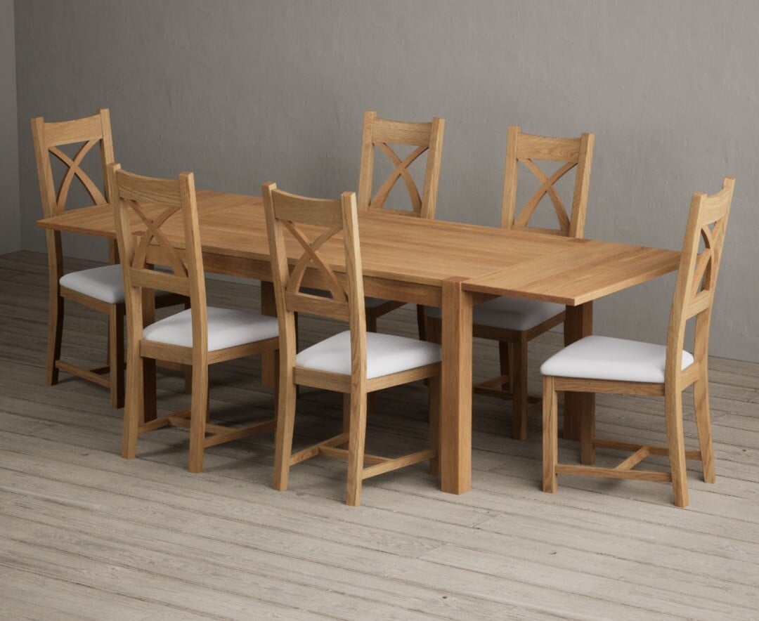 Thetford 150cm Oak Dining Table with Thetford 45cm Oak Extensions with 10 Blue Natural Chairs