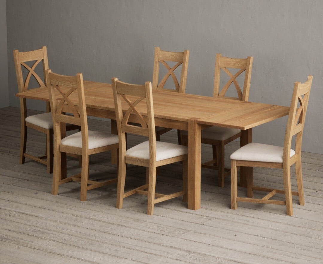 Thetford 150cm Oak Dining Table with Thetford 45cm Oak Extensions with 10 Blue Natural Chairs