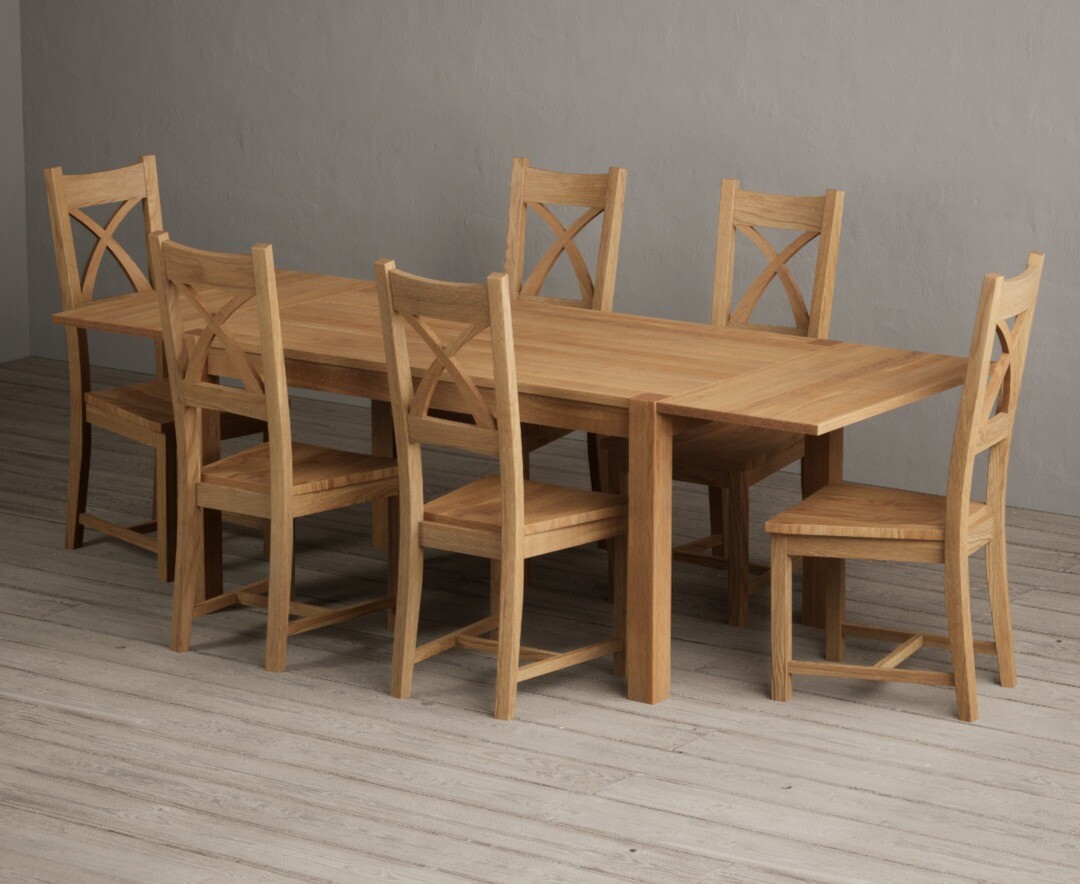 Thetford 150cm Oak Dining Table with Thetford 45cm Oak Extensions with 10 Blue Natural Chairs