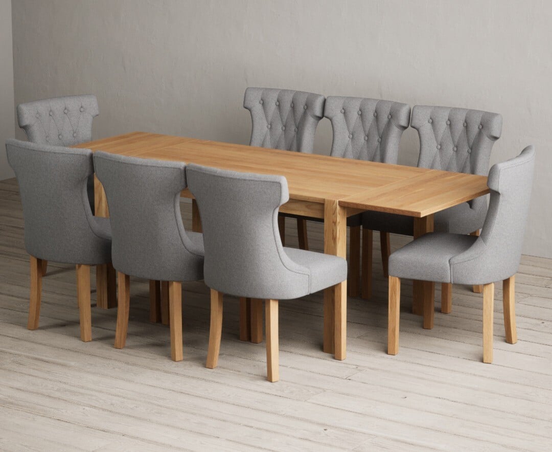 Thetford 150cm Oak Dining Table with Thetford 45cm Oak Extensions with 6 Natural Clara Chairs