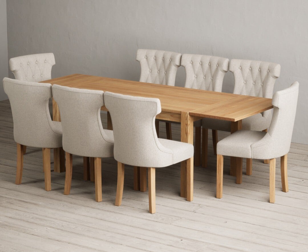 Thetford 150cm Oak Dining Table with Thetford 45cm Oak Extensions with 6 Natural Clara Chairs