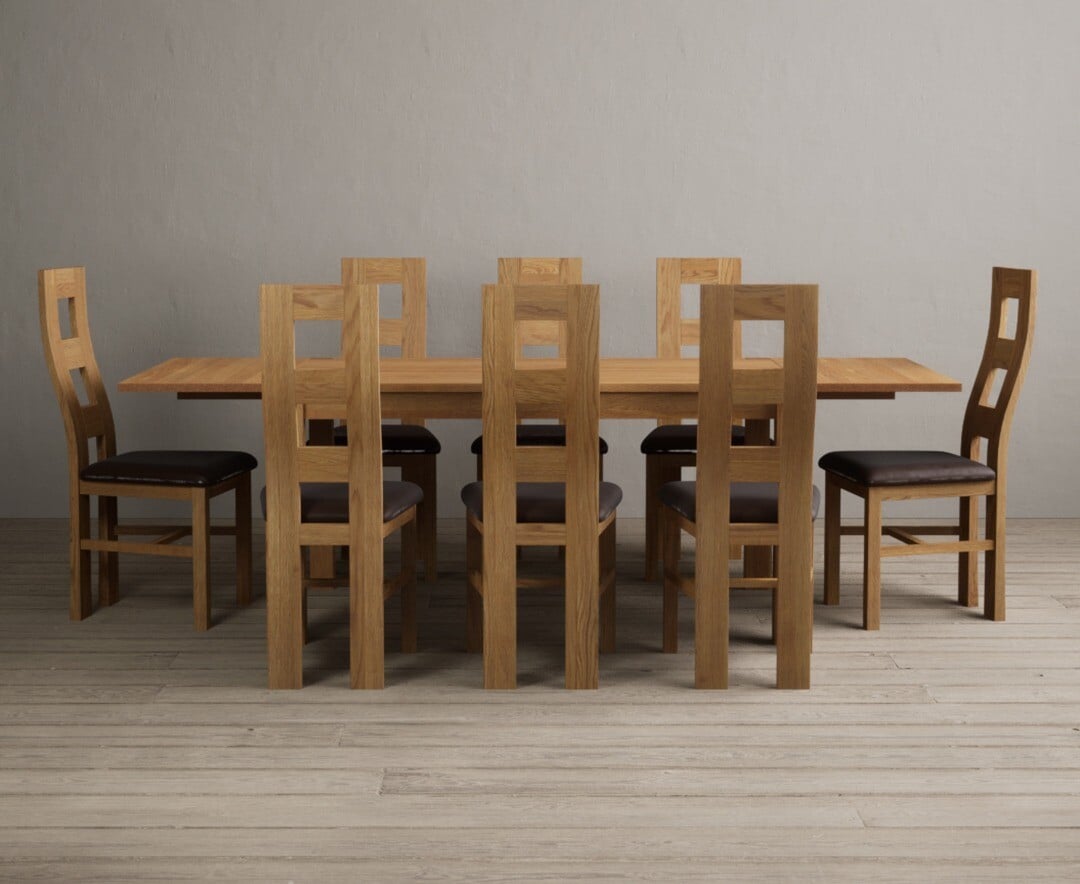 Thetford 150cm Oak Dining Table with Thetford 45cm Oak Extensions with 10 Blue Natural Chairs