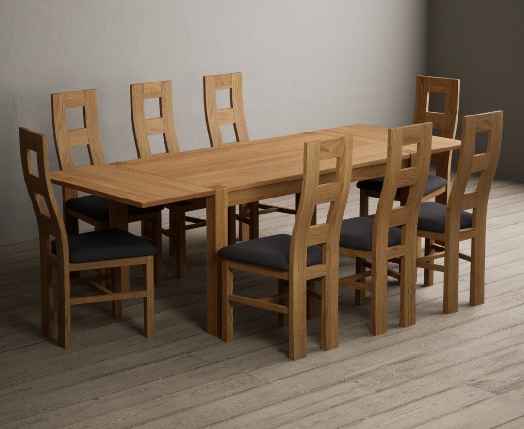 Thetford 150cm Oak Dining Table with Thetford 45cm Oak Extensions with 10 Blue Natural Chairs