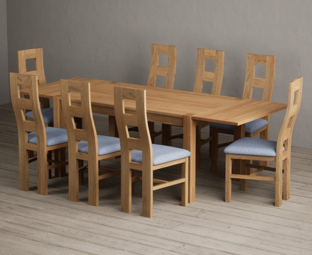 Thetford 150cm Oak Dining Table with Thetford 45cm Oak Extensions with 10 Blue Natural Chairs